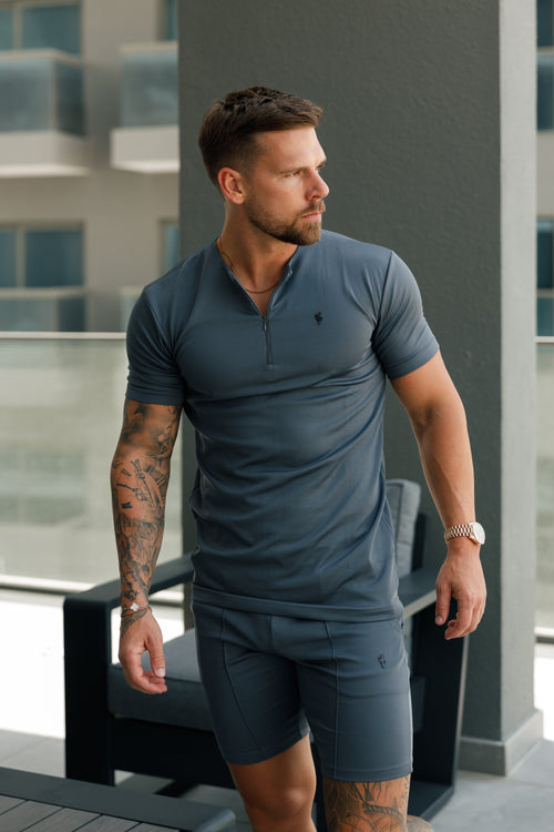 Stylish Charcoal Black Crew T-Shirt with Zip Detail for Men - Father Sons FSH1109