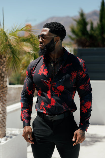 Elevate Your Style with Father Sons Super Slim Stretch Long Sleeve Shirt in Striking Black and Red Floral Print - FS770