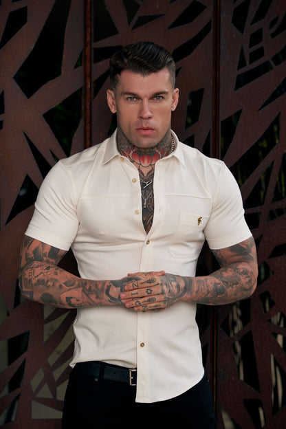 Elevate Your Style: Father Sons Super Slim Fit Cream Stretch Denim Short Sleeve Shirt with Trendy Horizontal Seam and Pocket - FS955