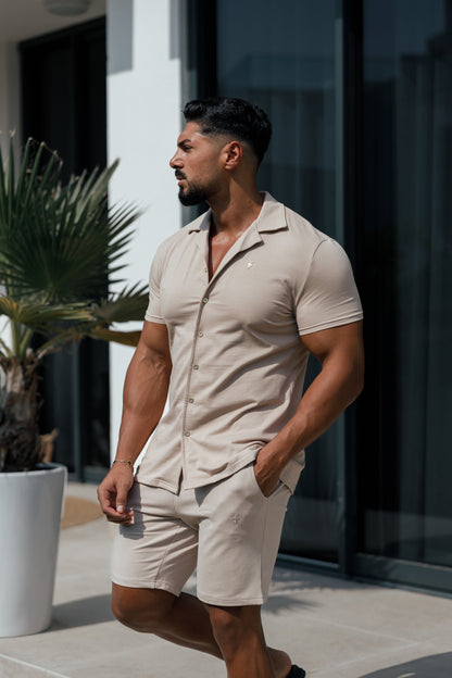 Elevate Your Style with the Father Sons Stretch Beige & Gold Short Sleeve Revere Shirt - FSH1075