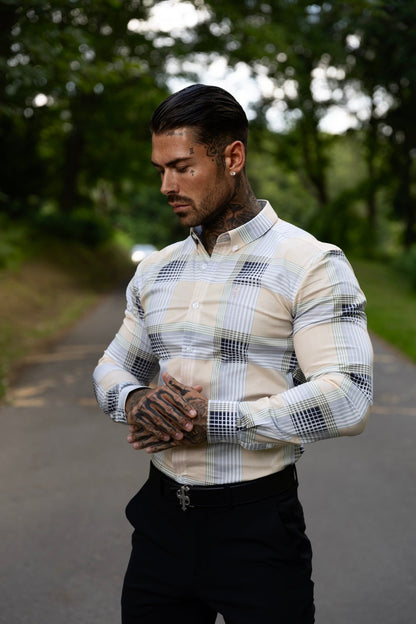 Elevate Your Style: Father Sons Super Slim Stretch Peach & Grey Check Print Long Sleeve Shirt with Classic Button-Down Collar - FS901
