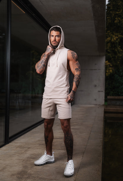 Elevate Your Workout: Father Sons Stylish Sleeveless Beige Gym Hoodie - FSH896