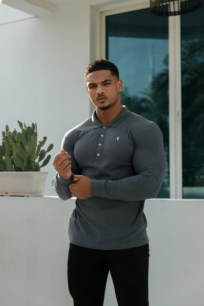 Elevate Your Style: Classic Charcoal Long Sleeve Ribbed Polo Shirt with Silver Accents by Father Sons - FSH971