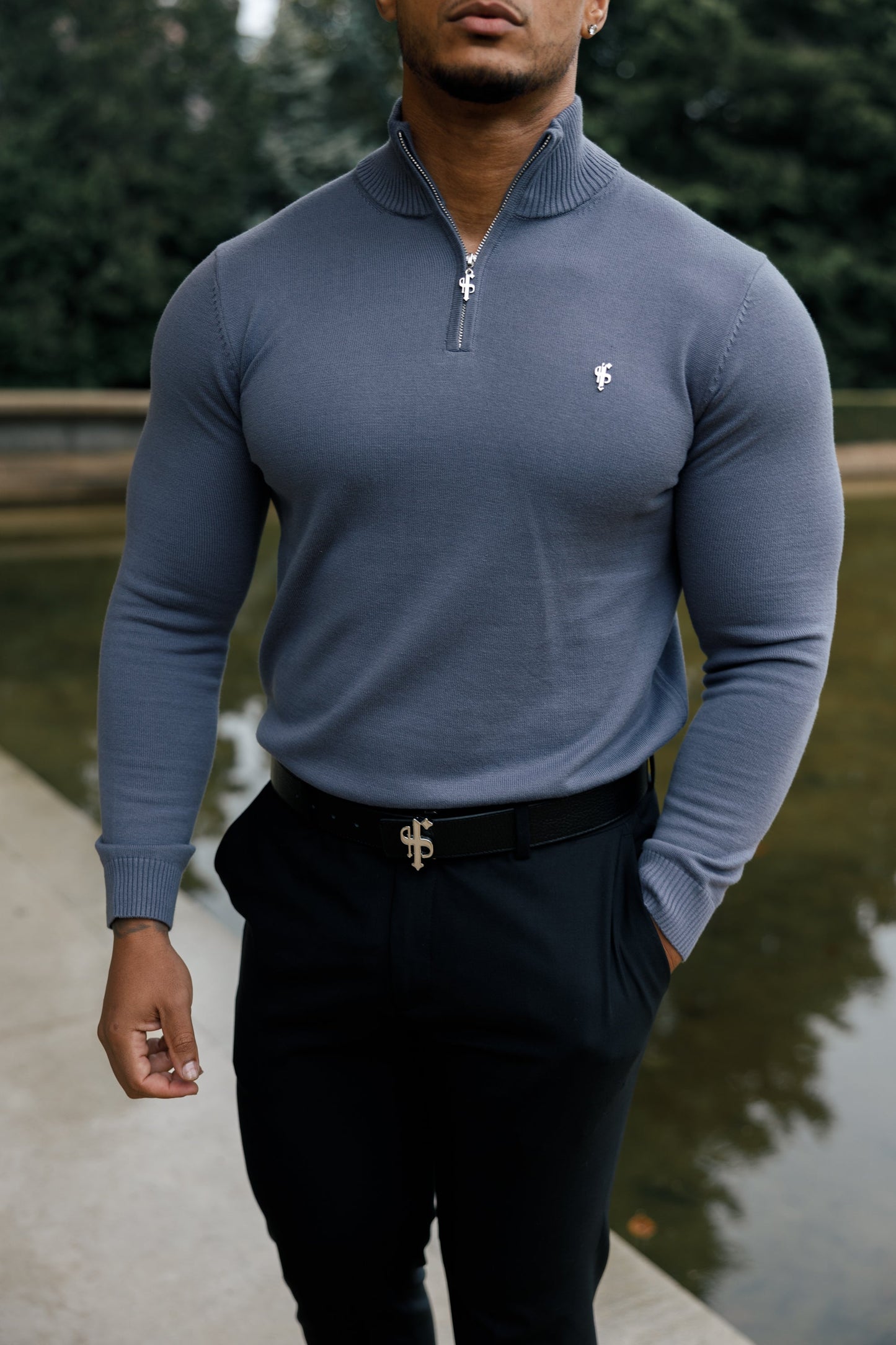 Stylish Gunmetal Grey Funnel Neck Half-Zip Knitted Sweater by Father Sons - FSN120
