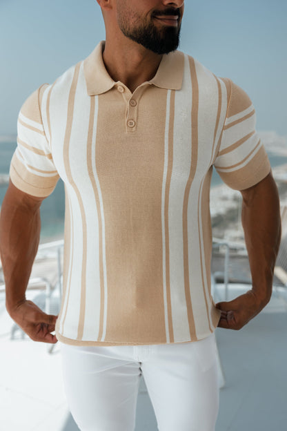Elevate Your Wardrobe with the Father Sons Chic Beige & Off-White Vertical Stripe Knitted Polo - Short Sleeve Style!
