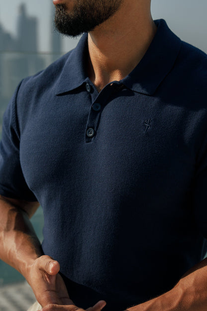 Elegant Navy Knitted Polo Shirt for Men - Short Sleeve Classic by Father Sons - FSN109