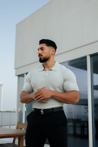 Elevate Your Wardrobe with the Father Sons Classic Light Grey Knitted Polo – Short Sleeve Style (FSN110)