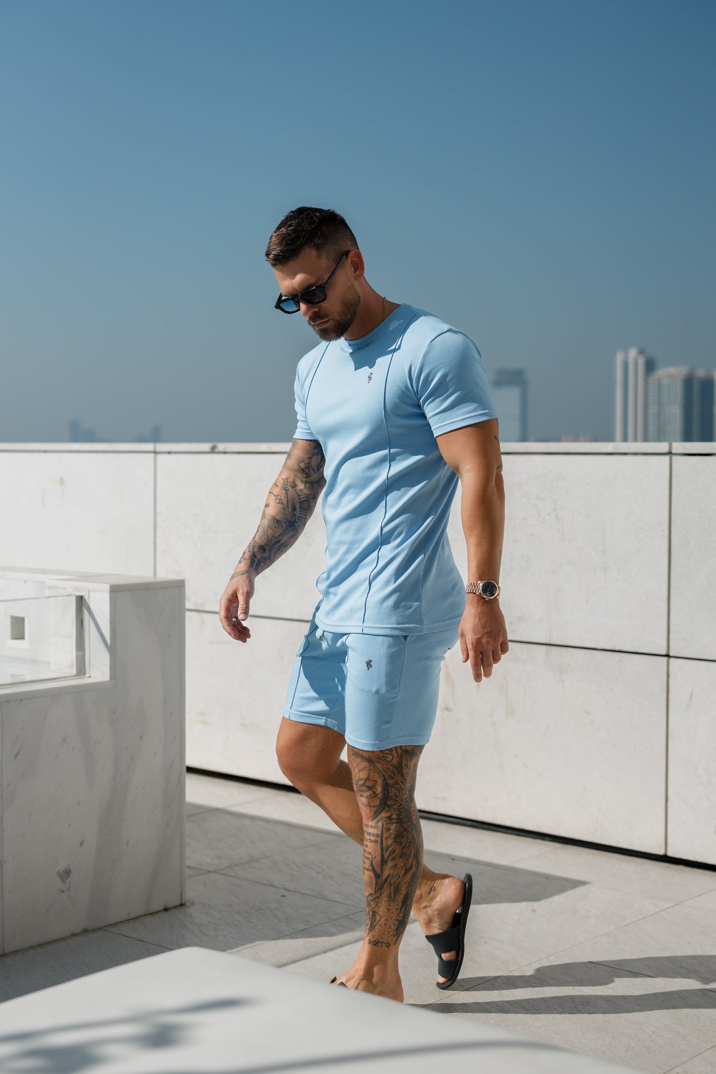 Elevate Your Style with Father Sons Light Blue & Silver Crew T-Shirt Featuring Elegant Pintuck Detail - FSH1051