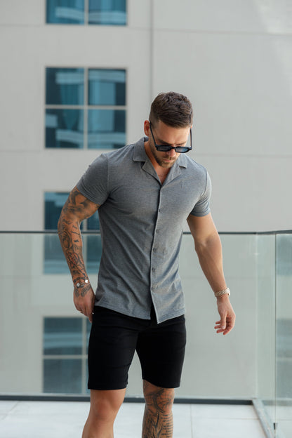 Elevate Your Style with the Father Sons Stretch Dark Grey Pique Revere Short Sleeve Shirt - FSH1073