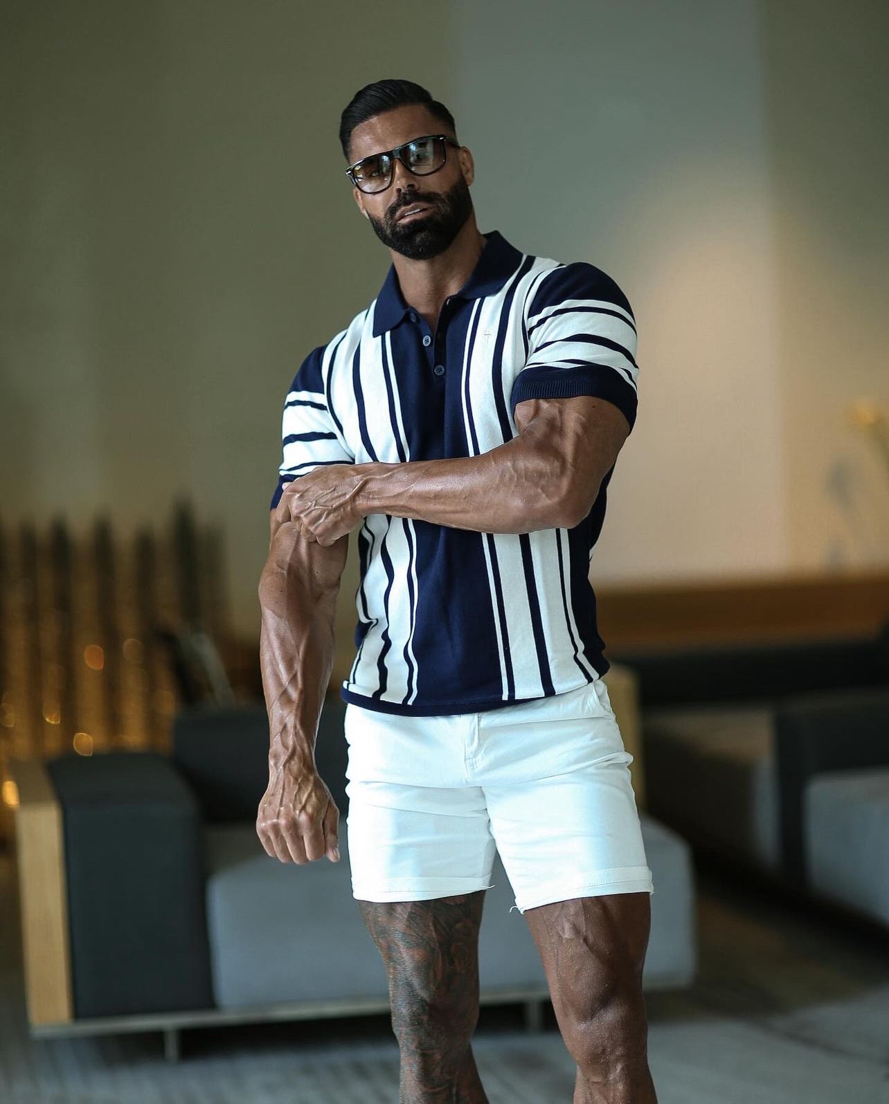 Elevate Your Style with Our Classic Navy & Off White Knitted Vertical Stripe Polo - Short Sleeve - FSN105