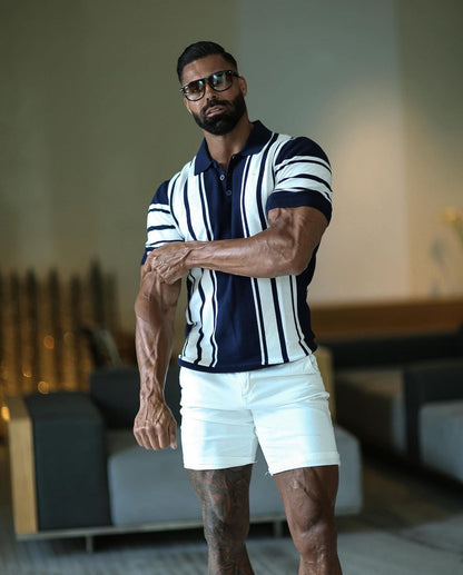 Elevate Your Style with Our Classic Navy & Off White Knitted Vertical Stripe Polo - Short Sleeve - FSN105