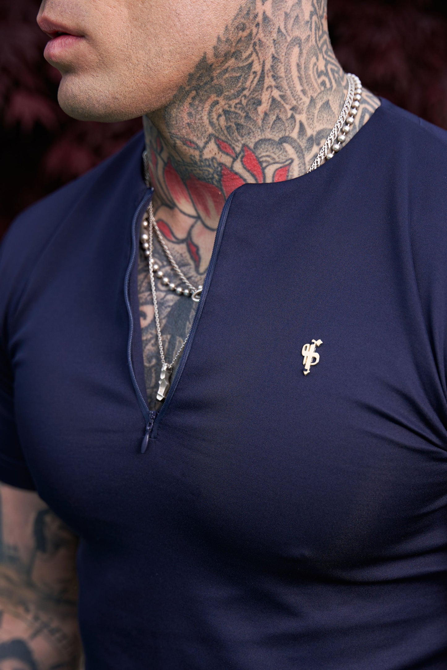 Elevate Your Style: Navy & Gold Short Sleeve Crew T-Shirt with Zip Detail by Father Sons - FSH1033