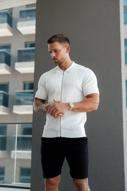 Elevate Your Style: Father Sons Classic Geo Knit Short Sleeve Zip-Up in Off White - FSN148