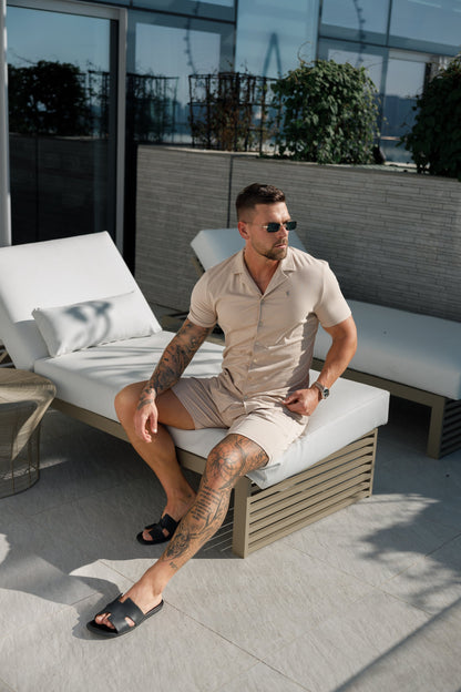 Elevate Your Style with the Father Sons Stretch Beige & Gold Short Sleeve Revere Shirt - FSH1075