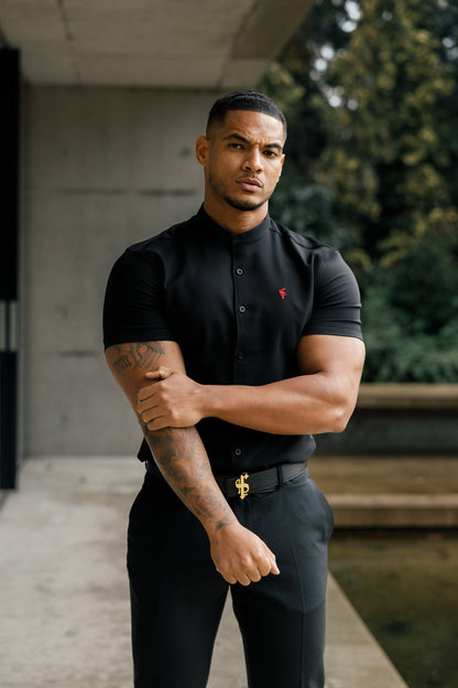 Elevate Your Style with Father Sons Super Slim Fit Black Scuba Short Sleeve Stretch Shirt Featuring a Trendy Grandad Collar - FS930