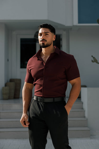 Elevate Your Style with Father Sons Super Slim Burgundy Scuba Stretch Short Sleeve Shirt - FS1028