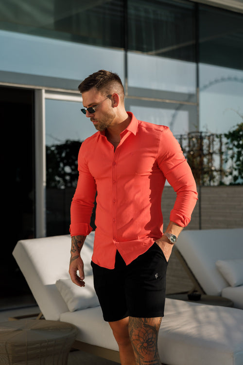 Elevate Your Style: Father Sons Super Slim Coral Long Sleeve Stretch Scuba Shirt - FS1031