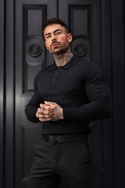 Timeless Elegance: Classic Black Long Sleeve Knitted Polo Jumper for Men with Subtle Tonal FS Embroidery - FSN139