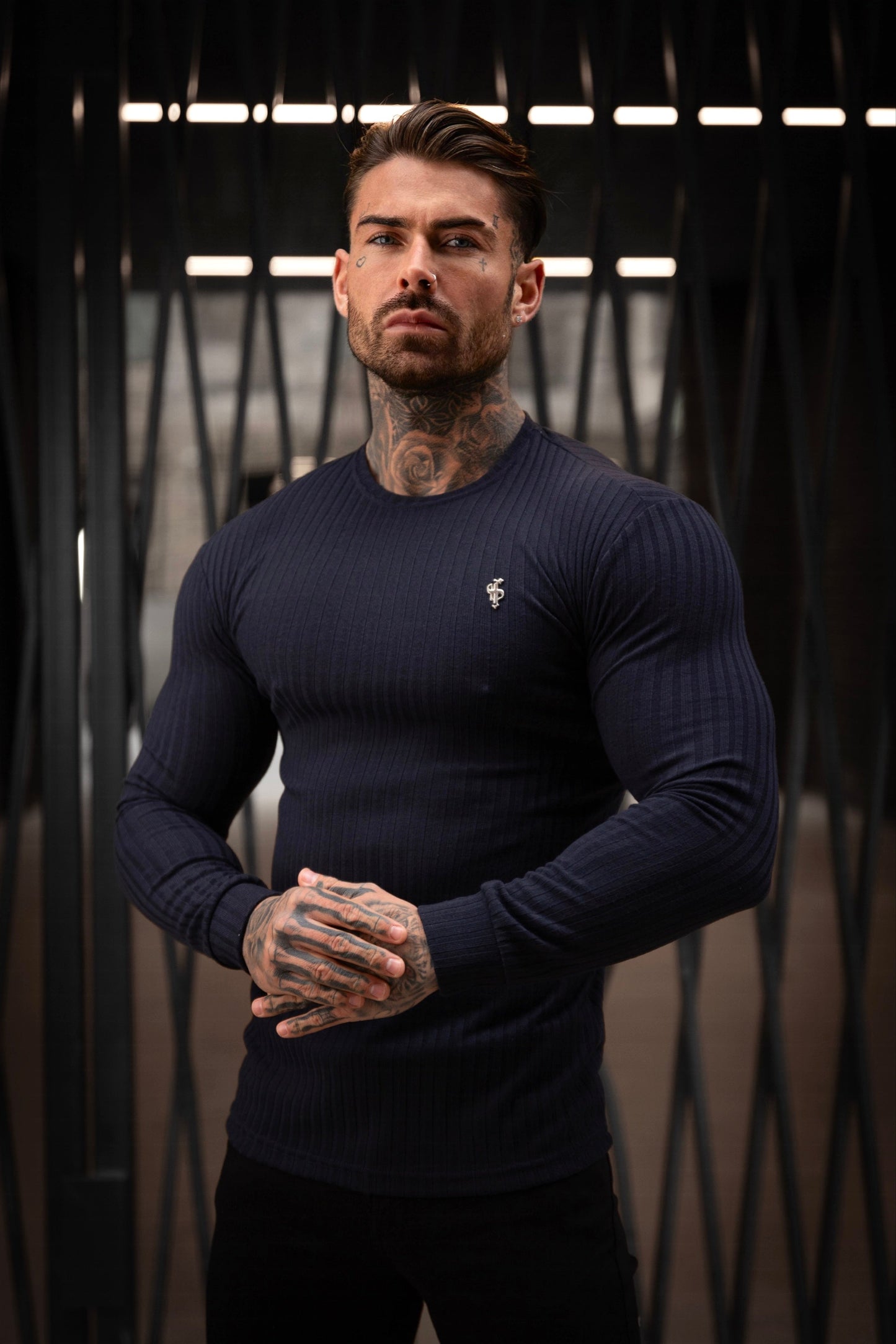 Elevate Your Style with the Father's Sons Navy Ribbed Knit Jumper Featuring a Sleek Silver Emblem - FSH945