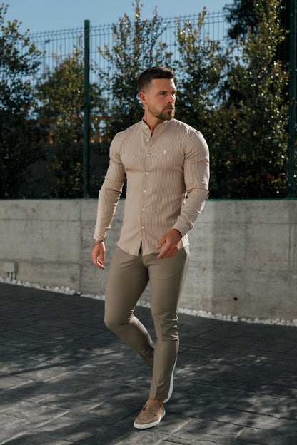 Elevate Your Style: Father Sons Super Slim Fit Taupe Pinstripe Long Sleeve Shirt with Grandad Collar - FS1057