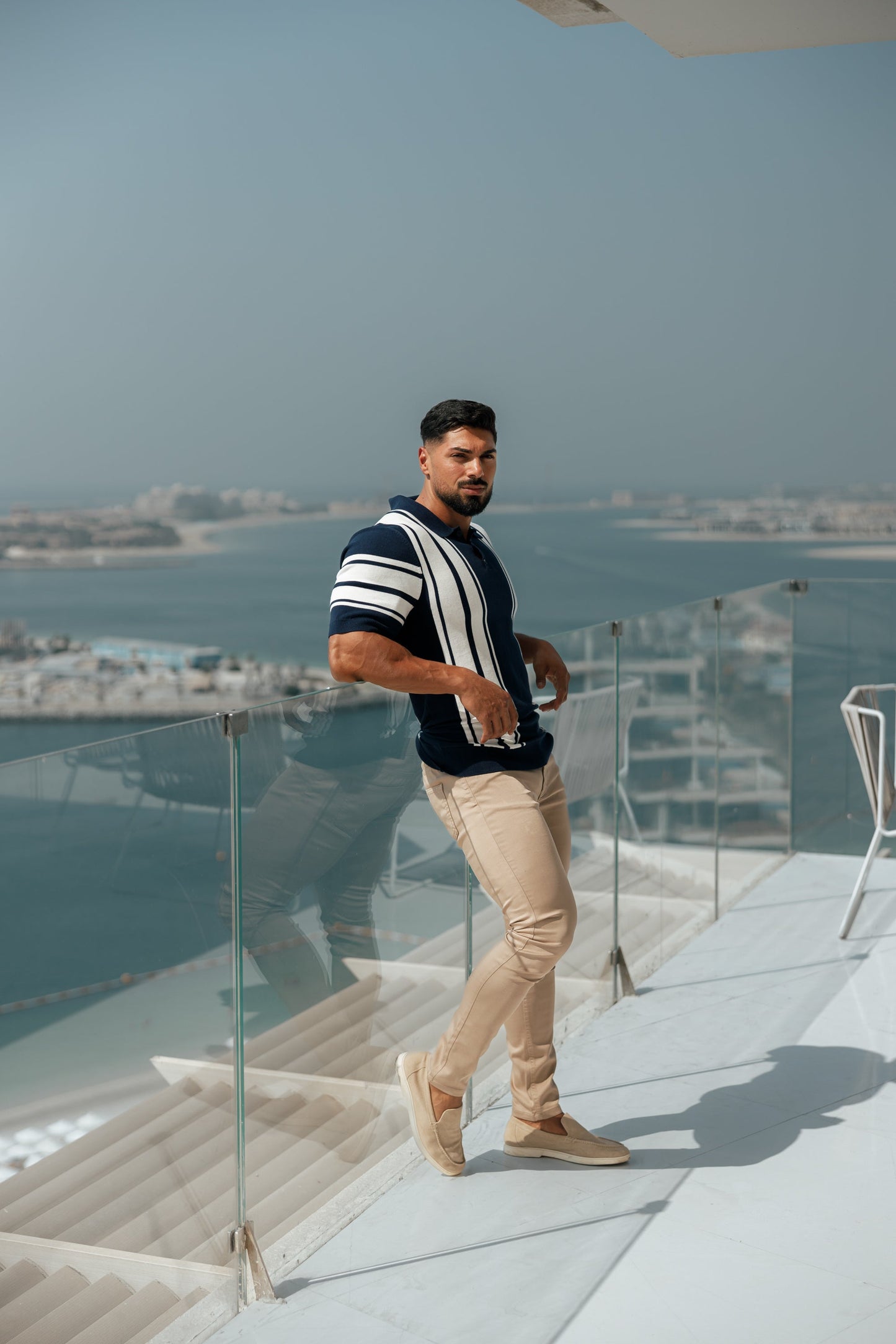 Elevate Your Style with Our Classic Navy & Off White Knitted Vertical Stripe Polo - Short Sleeve - FSN105