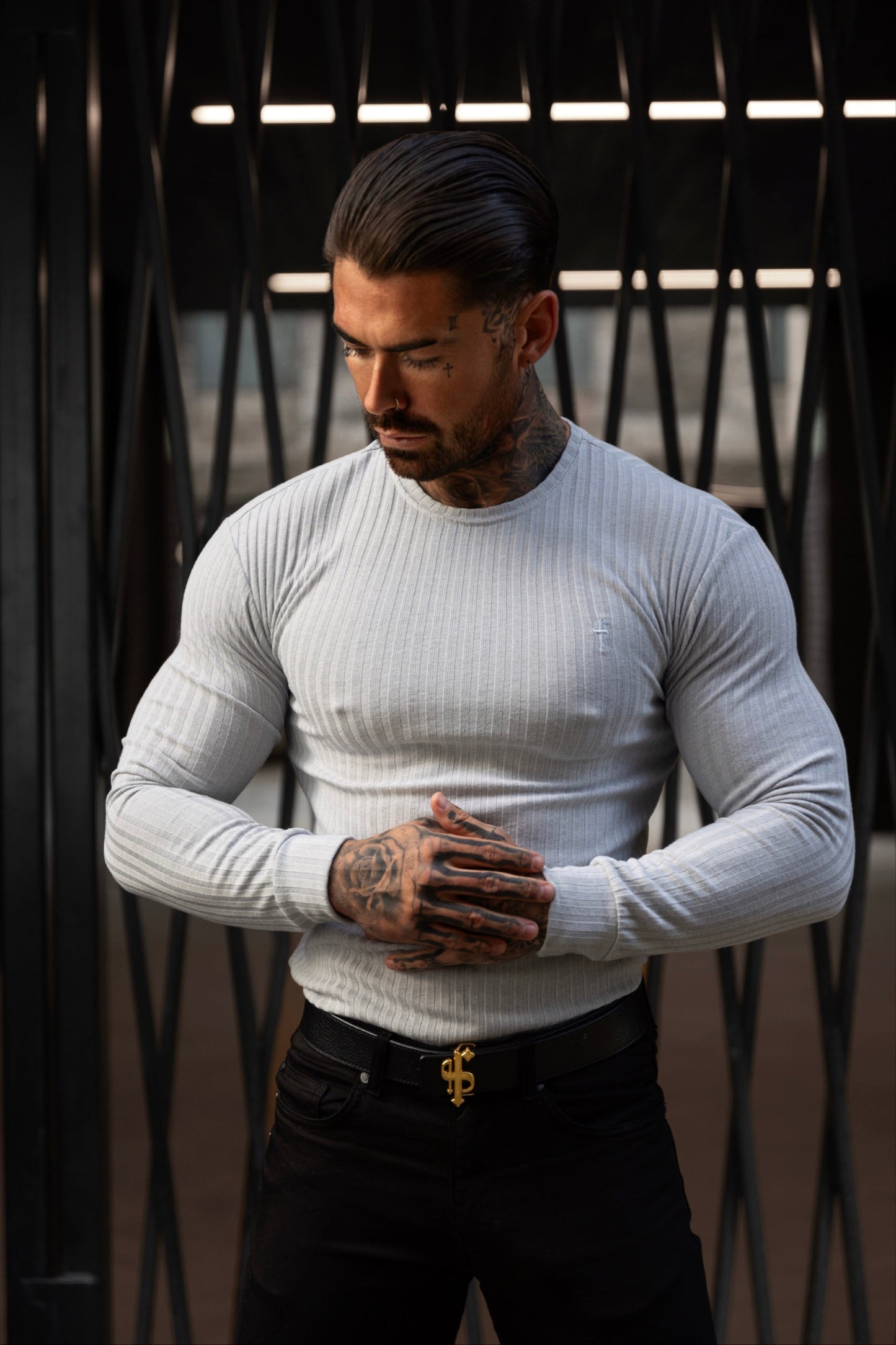 Elevate Your Wardrobe with the Father Sons Light Grey Ribbed Knit Jumper – Featuring Elegant Tonal Embroidery - FSH948