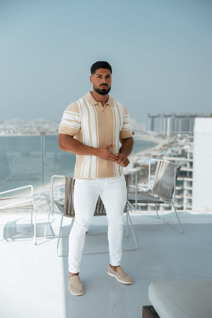Elevate Your Wardrobe with the Father Sons Chic Beige & Off-White Vertical Stripe Knitted Polo - Short Sleeve Style!
