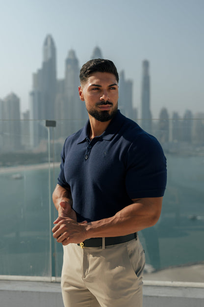 Elegant Navy Knitted Polo Shirt for Men - Short Sleeve Classic by Father Sons - FSN109