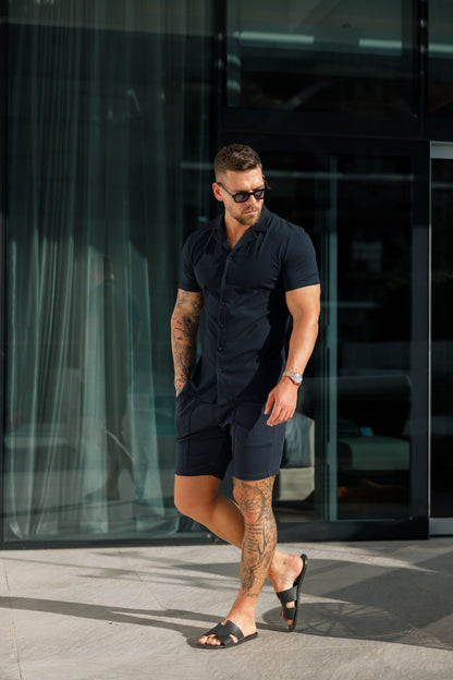 Elevate Your Style with the Father Sons Short Sleeve Navy Stretch Pique Revere Shirt - FSH1069