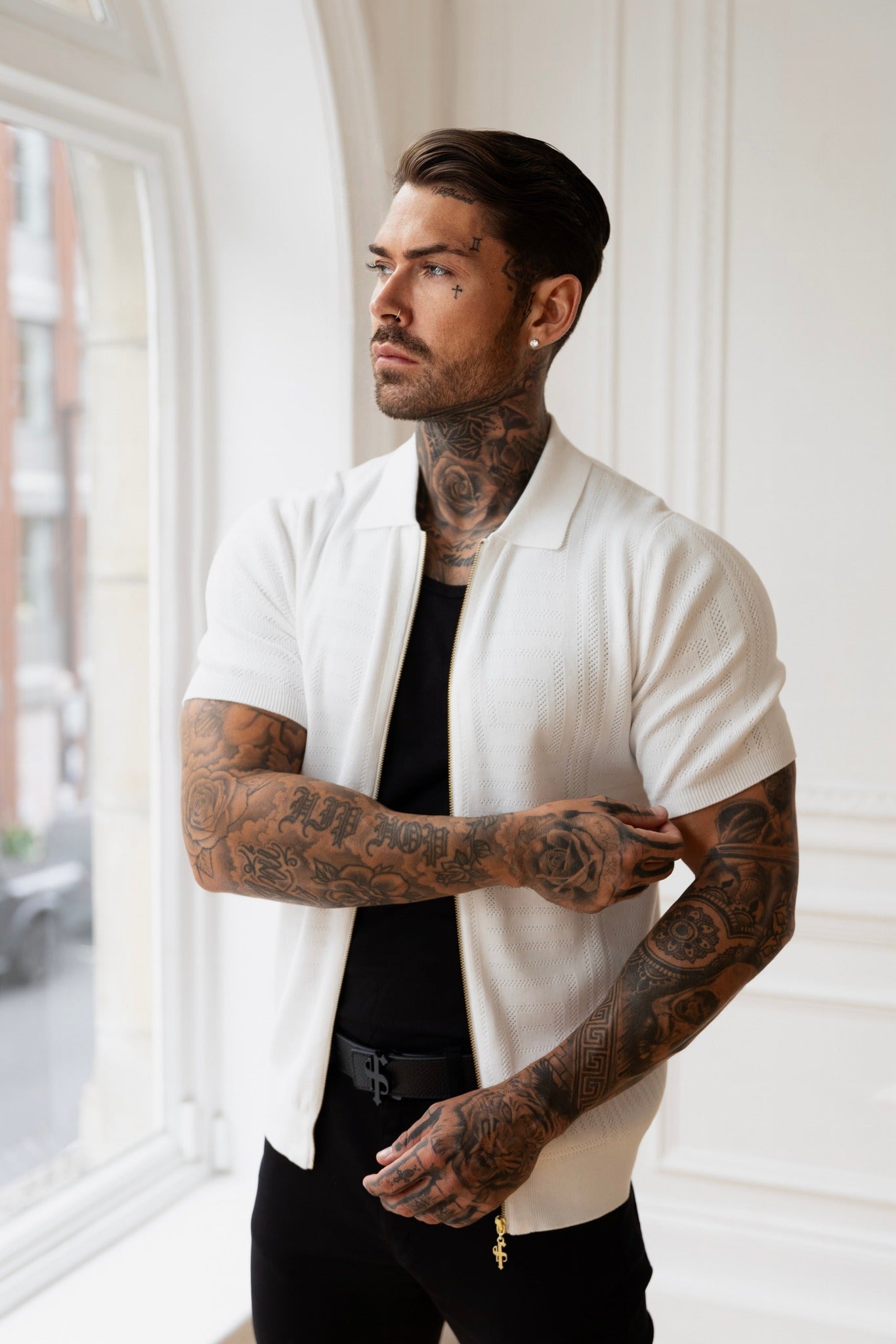Elevate Your Style: Father Sons Classic Geo Knit Short Sleeve Zip-Up in Off White - FSN148