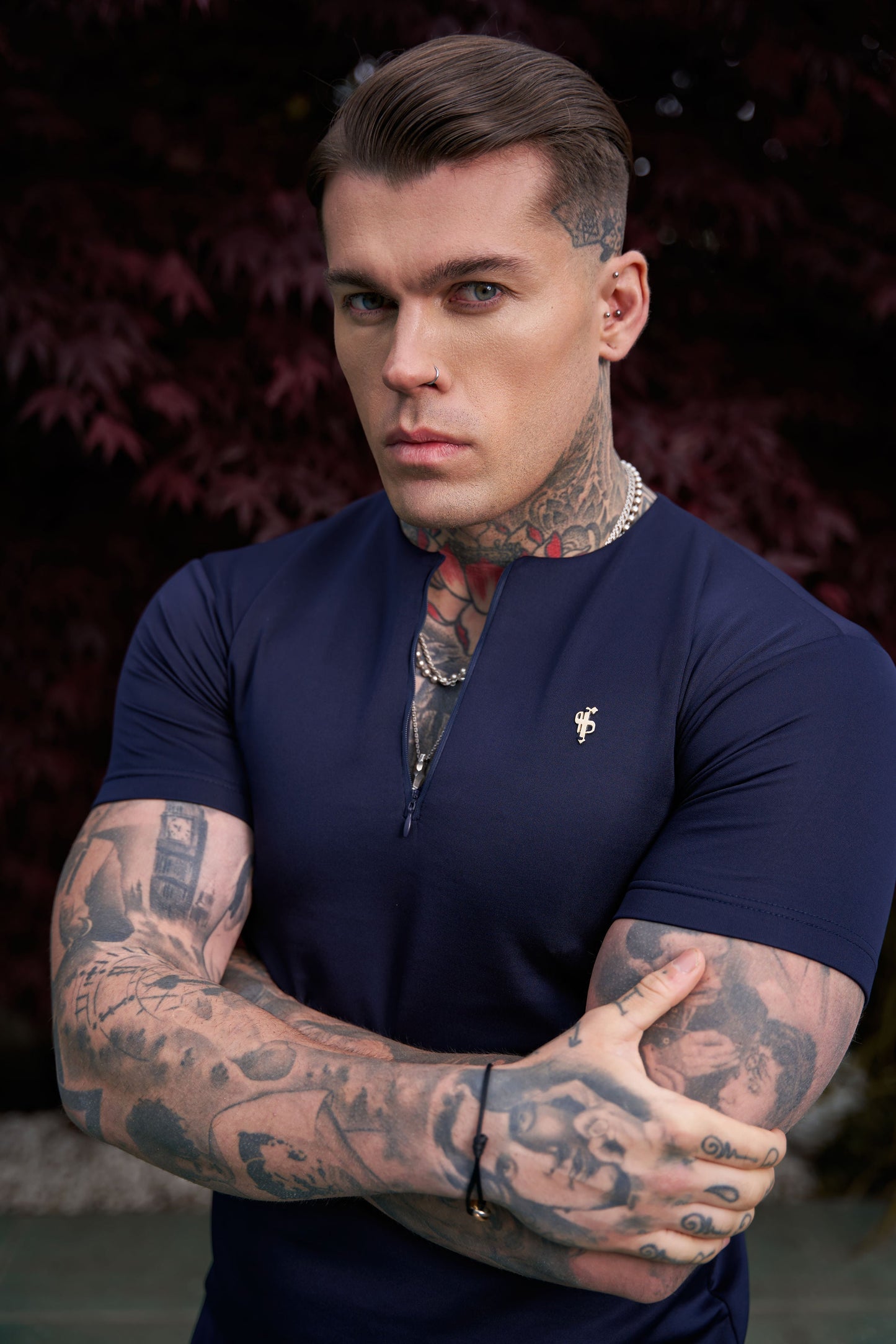 Elevate Your Style: Navy & Gold Short Sleeve Crew T-Shirt with Zip Detail by Father Sons - FSH1033