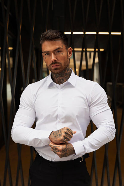 Sleek Father Sons Super Slim White Long Sleeve Stretch Shirt with Back Box Pleat and Stylish Side Seam Detail - FS945