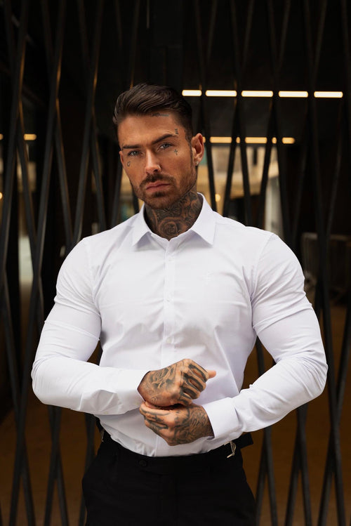 Sleek Father Sons Super Slim White Long Sleeve Stretch Shirt with Back Box Pleat and Stylish Side Seam Detail - FS945