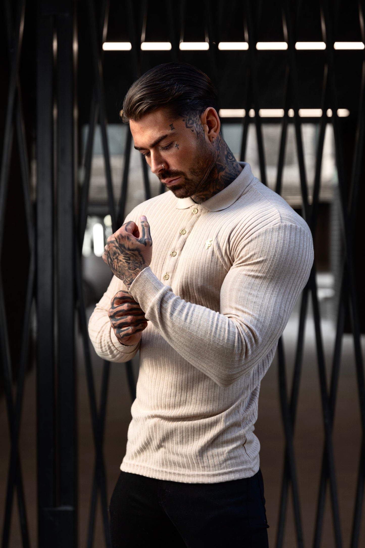 Elevate Your Style with the Father Sons Classic Beige Ribbed Long Sleeve Polo Shirt Featuring a Chic Gold Decal - FSH969