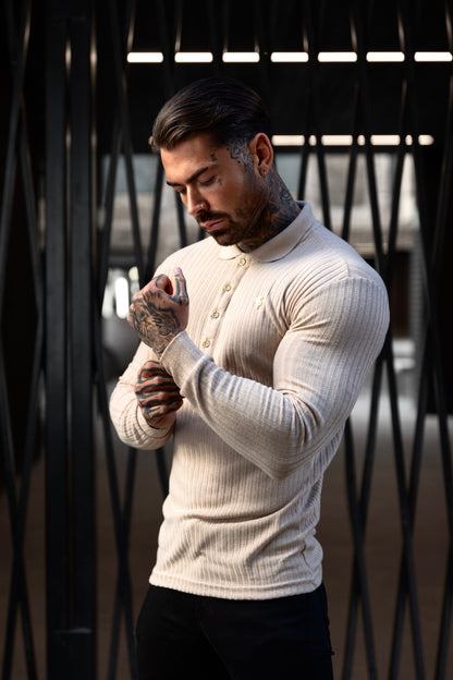 Elevate Your Style with the Father Sons Classic Beige Ribbed Long Sleeve Polo Shirt Featuring a Chic Gold Decal - FSH969