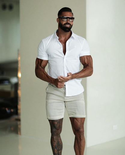 Elevate Your Style: Father Sons Super Slim Fit White Short Sleeve Stretch Shirt with Chic Back Box Pleat and Elegant Side Seam Detailing - FS944