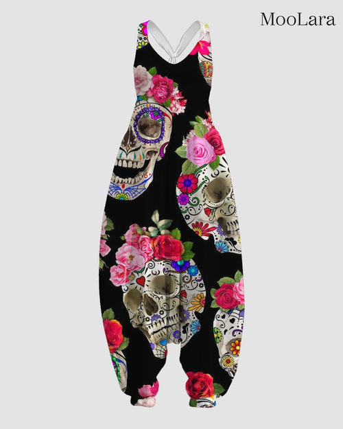 Women's Flower Skull Print Sleeveless Jumpsuit Harem Pants