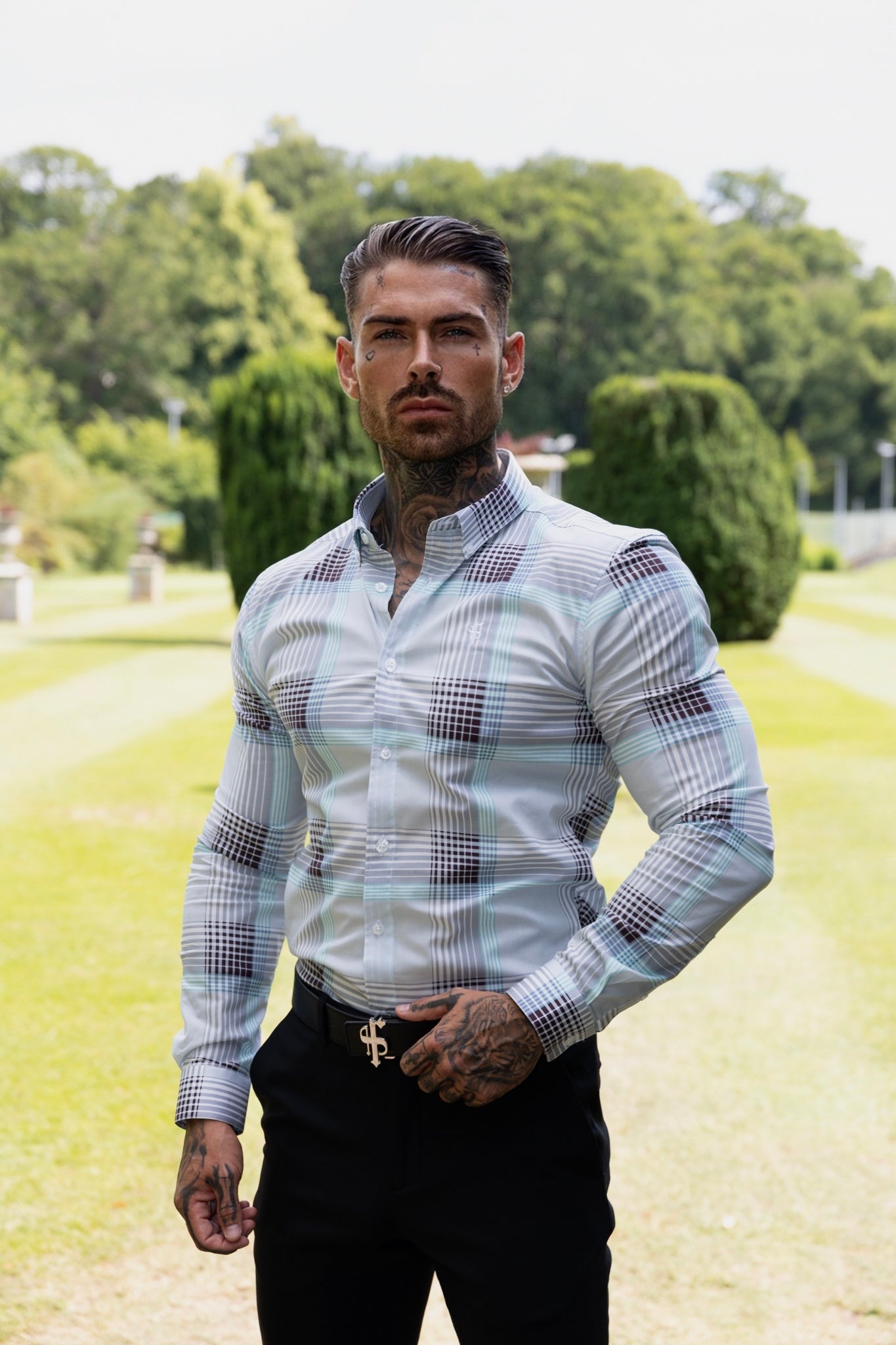 Elevate Your Style: Father Sons Super Slim Stretch Aqua Check Long Sleeve Shirt with Button Down Collar - FS914
