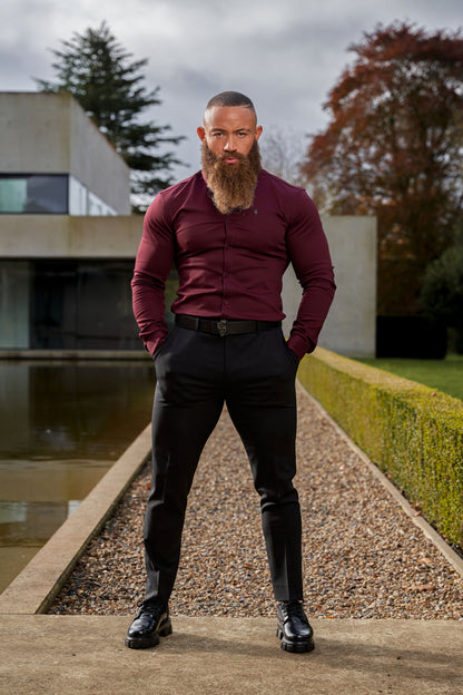 Elevate Your Style with Our Burgundy Super Slim Stretch Denim Long Sleeve Shirt Featuring a Sleek Metal Decal Emblem - FS628