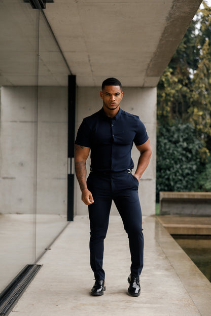 Elevate Your Style with Father Sons Super Slim Navy Scuba Short Sleeve Stretch Shirt - FS832