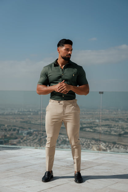 Elevate Your Style: Father Sons Super Slim Stretch Khaki Denim Short Sleeve Shirt with Trendy Horizontal Seam and Pocket - FS958