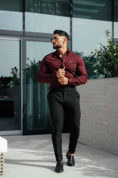 Father Sons Burgundy Super Slim Stretch Denim Shirt with Gold Accents and Button-down Collar - FS1046
