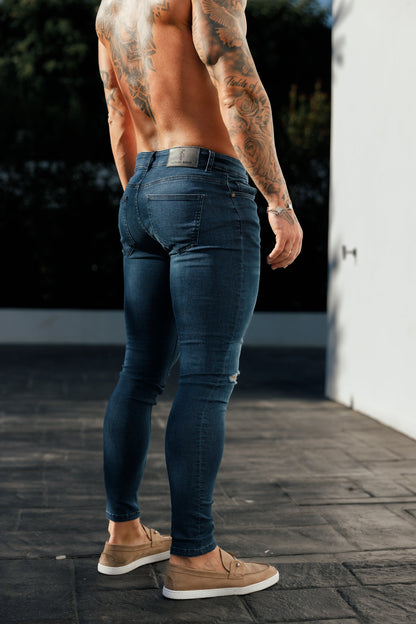 Father Sons Slim Fit Mid Blue Ultra Stretch Jeans with Trendy Knee Rips - FSJEAN011
