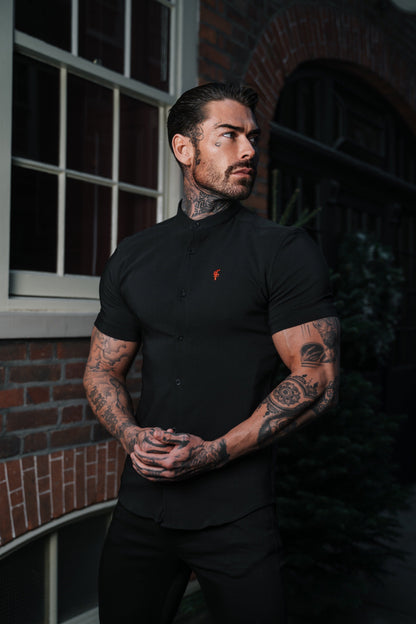 Elevate Your Style with Father Sons Super Slim Fit Black Scuba Short Sleeve Stretch Shirt Featuring a Trendy Grandad Collar - FS930