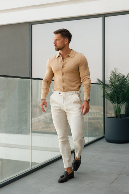 Elevate Your Formal Look with Father Sons Slim Cream Linen Trousers Featuring Side Adjusters - FST020