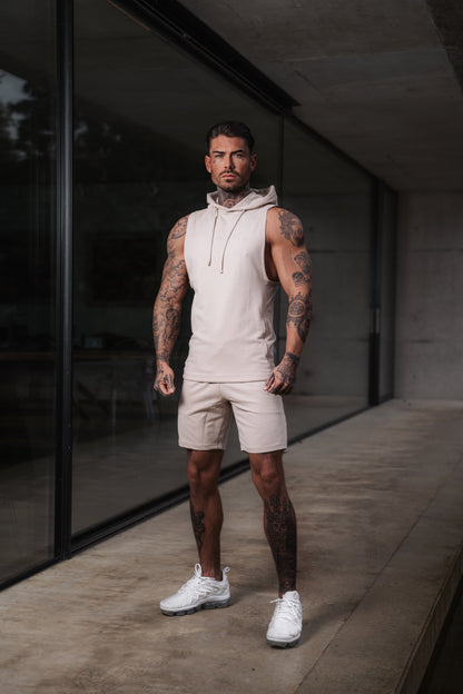 Elevate Your Workout: Father Sons Stylish Sleeveless Beige Gym Hoodie - FSH896