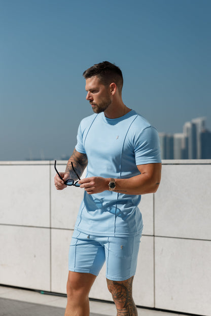 Elevate Your Style with Father Sons Light Blue & Silver Crew T-Shirt Featuring Elegant Pintuck Detail - FSH1051