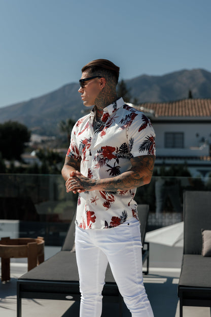 Chic Floral Print Button-Down Shirt in Classic Stretch - White/Rust - FS1106