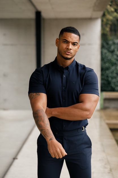 Elevate Your Style with Father Sons Super Slim Navy Scuba Short Sleeve Stretch Shirt - FS832