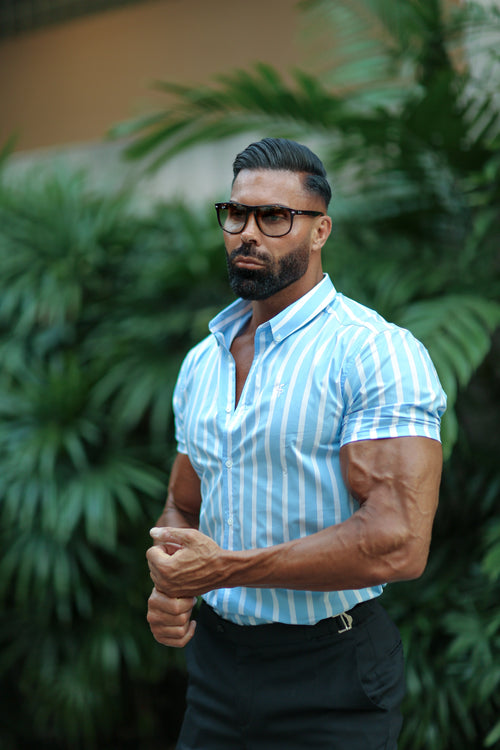 Father Sons Classic Light Blue & White Woven Stripe Short Sleeve Deckchair Shirt - FS976